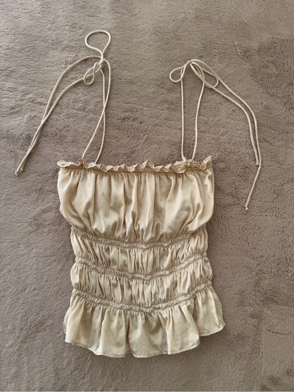 Reformation Viviana Ivory 100% Silk Smocked Tie Strap Top Size S